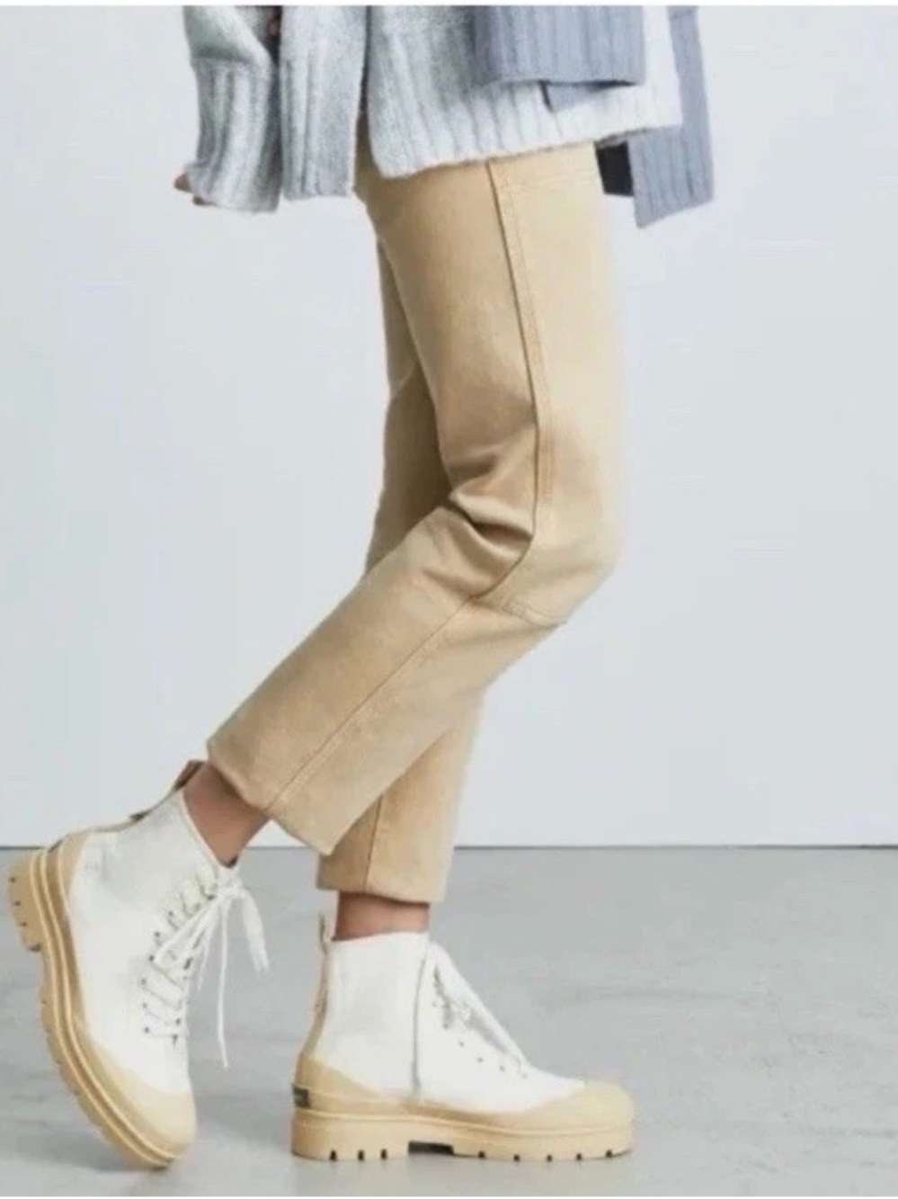 Everlane The Canvas Utility Boot 5 White Tan Lace Up Combat Bootie Womens